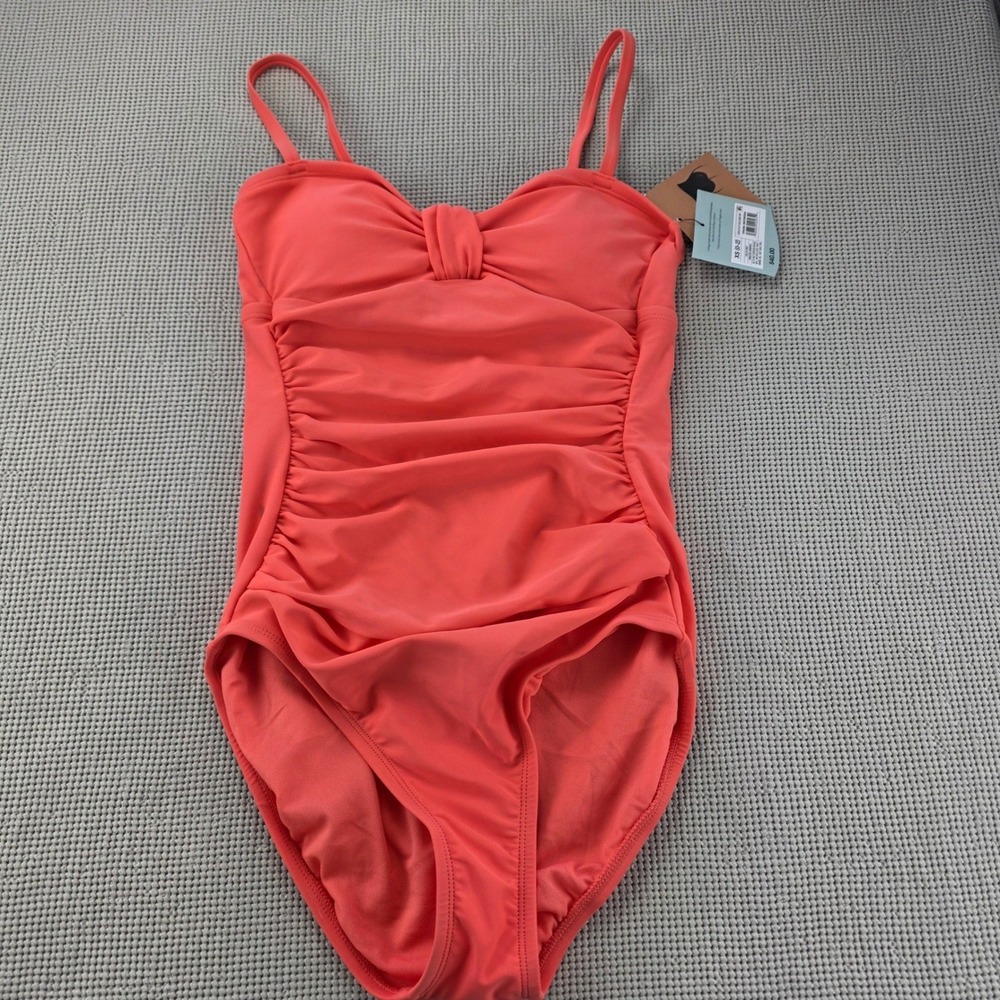 Shade & Shore Womens Coral Pink Ruched One Piece Swimsuit XS Full Coverage 591